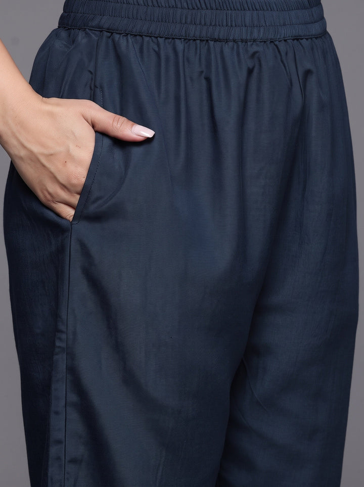 Plus Size Navy Blue Embroidered Georgette Straight Suit With Dupatta