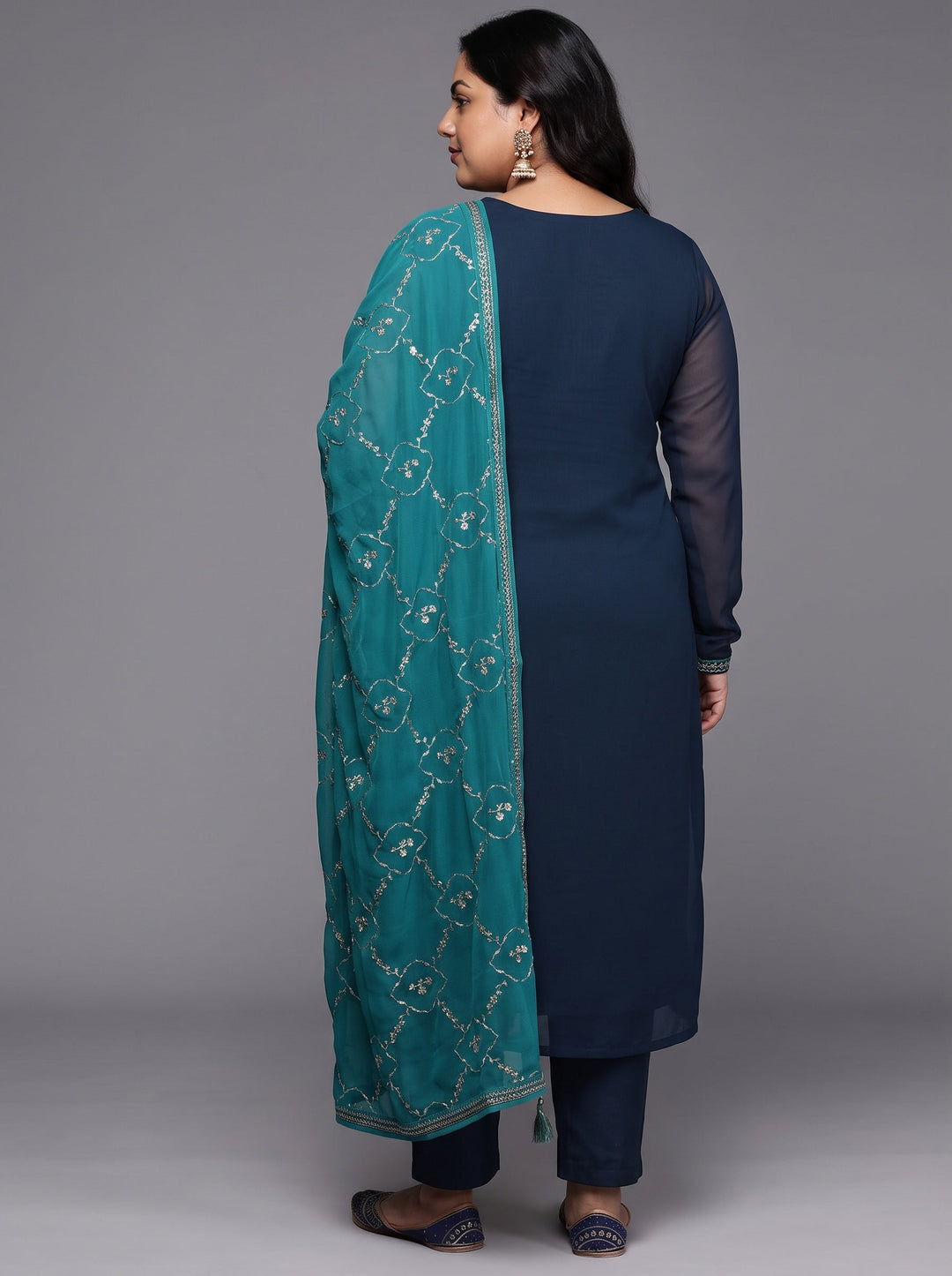 Plus Size Navy Blue Embroidered Georgette Straight Suit With Dupatta