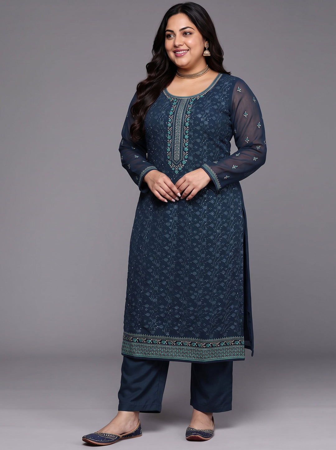 Plus Size Navy Blue Embroidered Georgette Straight Suit With Dupatta