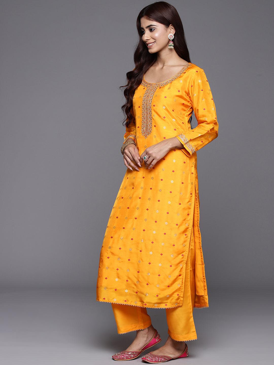 Mustard Woven Design Silk Straight Kurta With Trousers & Dupatta - ShopLibas 