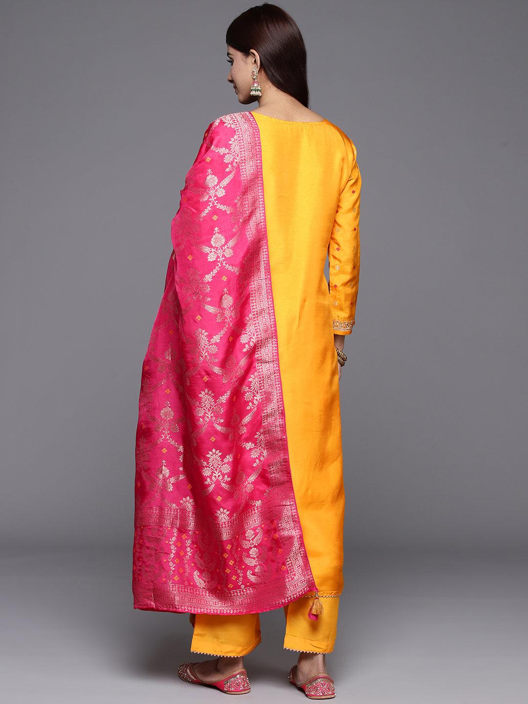 Mustard Woven Design Silk Straight Kurta With Trousers & Dupatta - ShopLibas 