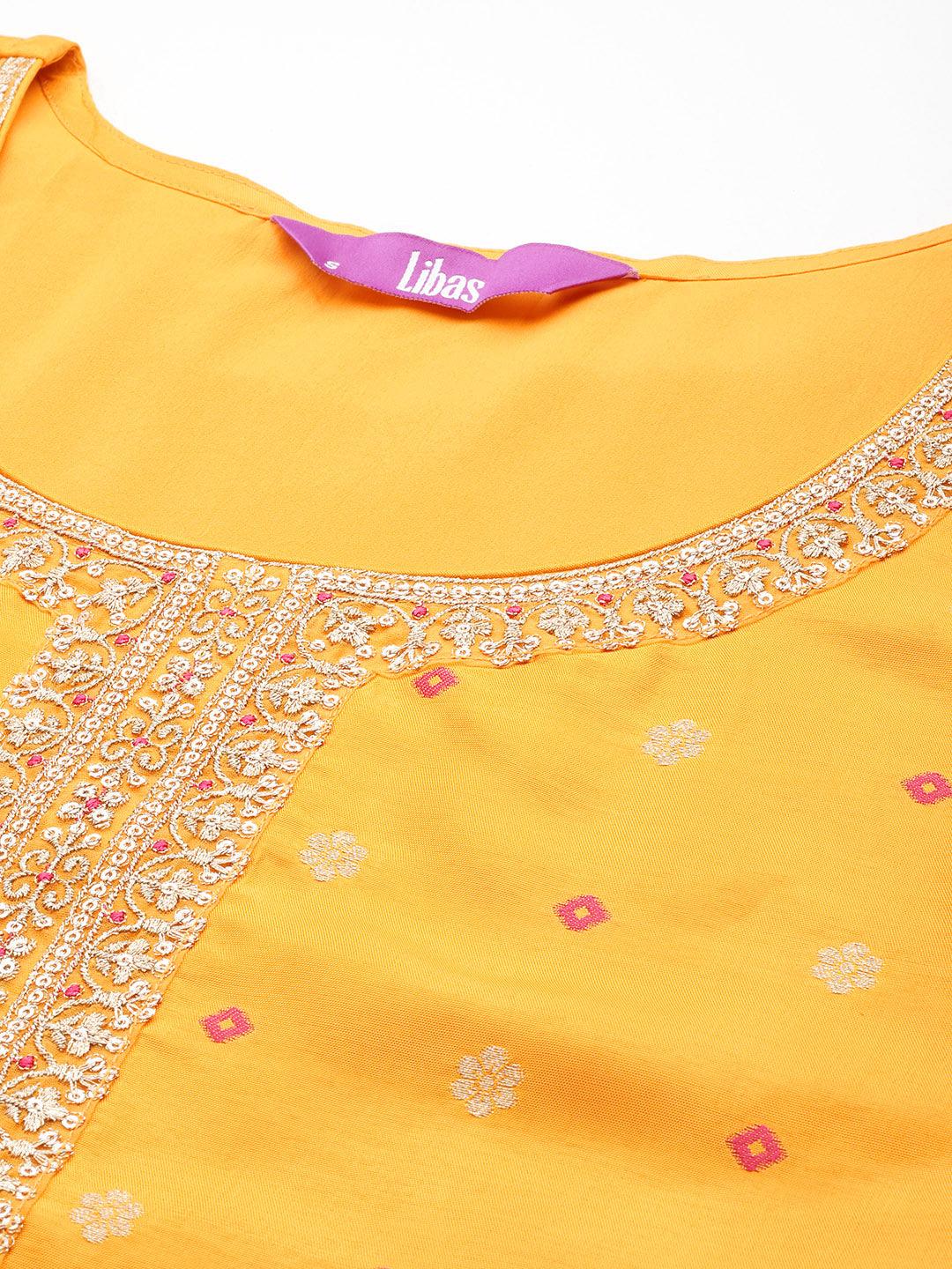 Mustard Woven Design Silk Straight Kurta With Trousers & Dupatta - ShopLibas 