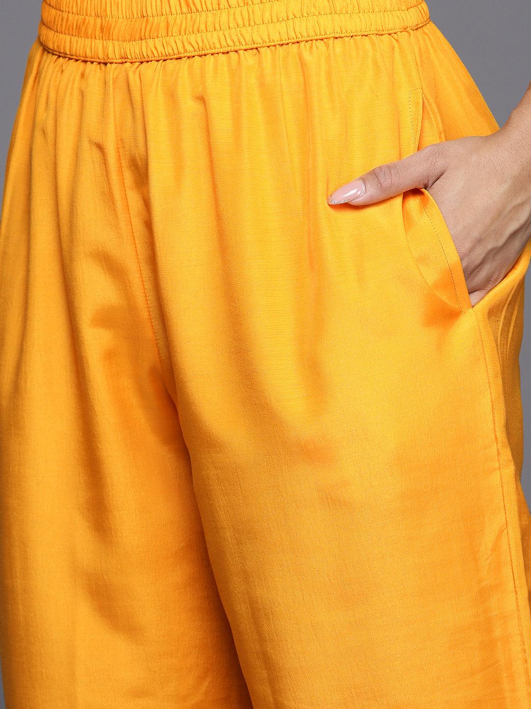 Mustard Woven Design Silk Straight Kurta With Trousers & Dupatta - ShopLibas 