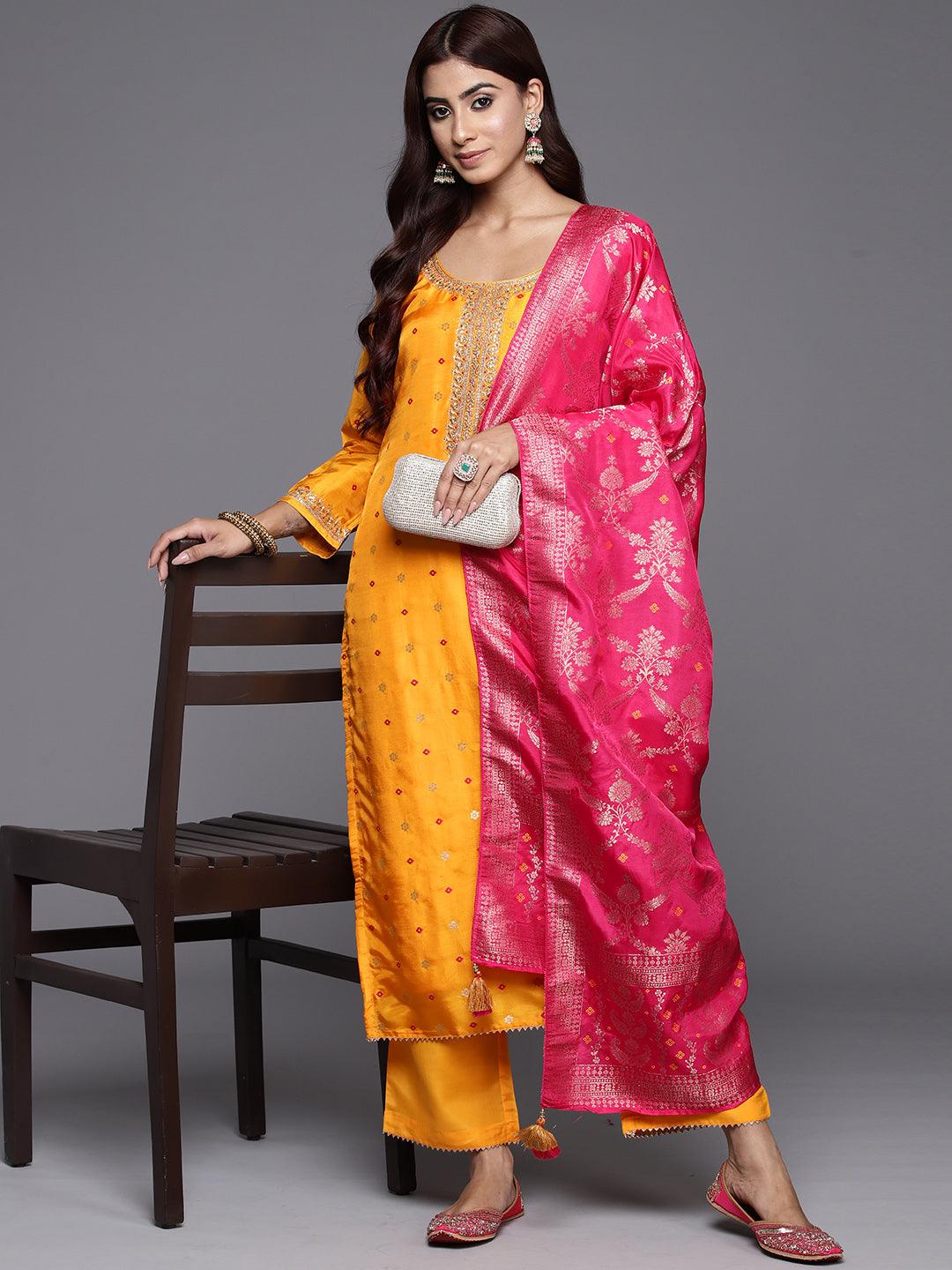 Mustard Woven Design Silk Straight Kurta With Trousers & Dupatta - ShopLibas 