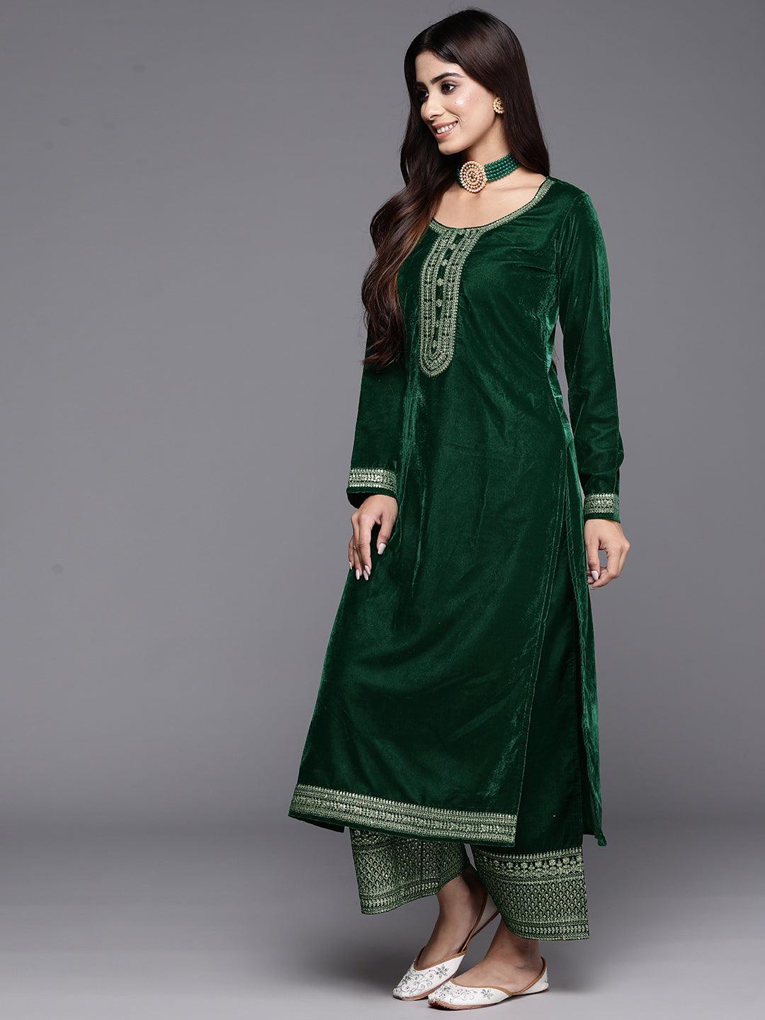 Bottle Green Yoke Design Velvet Straight Kurta With Palazzos & Dupatta - ShopLibas 