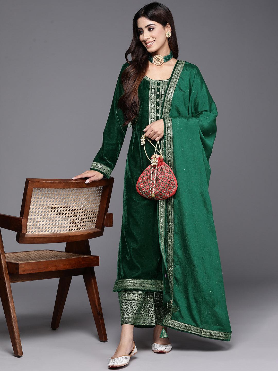 Bottle Green Yoke Design Velvet Straight Kurta With Palazzos & Dupatta - ShopLibas 