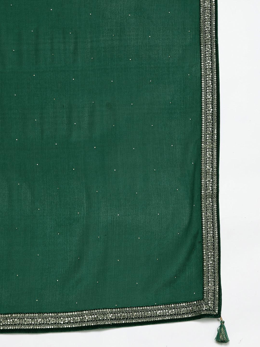 Bottle Green Yoke Design Velvet Straight Kurta With Palazzos & Dupatta - ShopLibas 