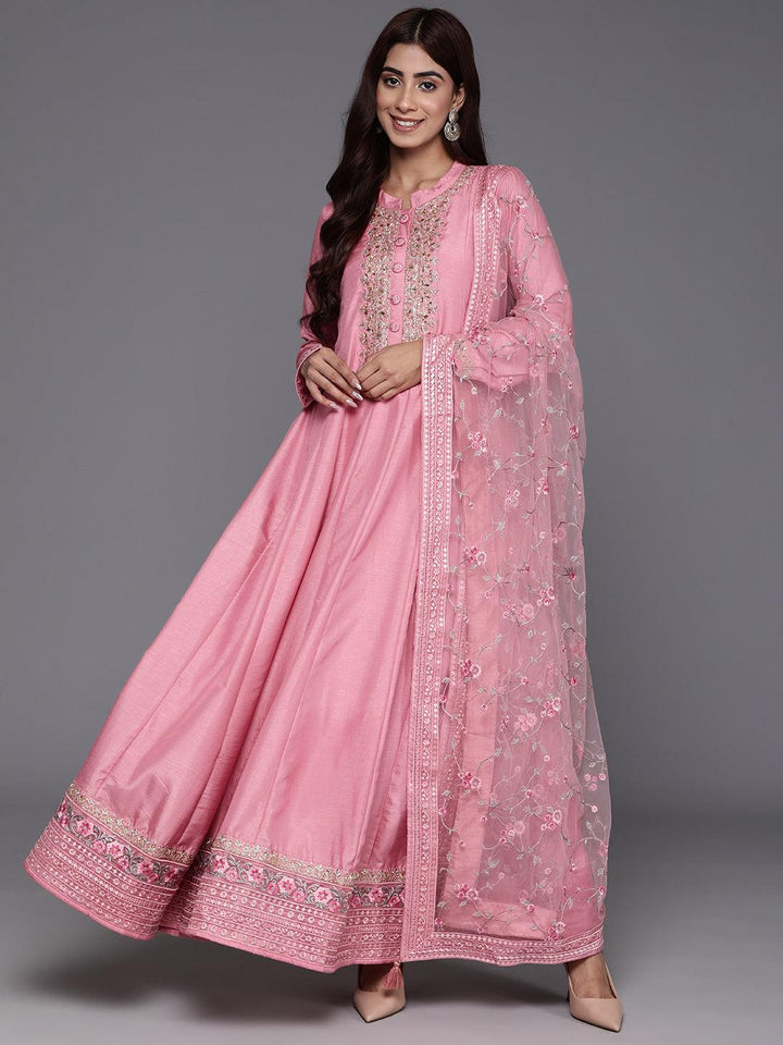 Libas Art Pink Yoke Design Silk Anarkali Kurta With Trousers & Dupatta - ShopLibas