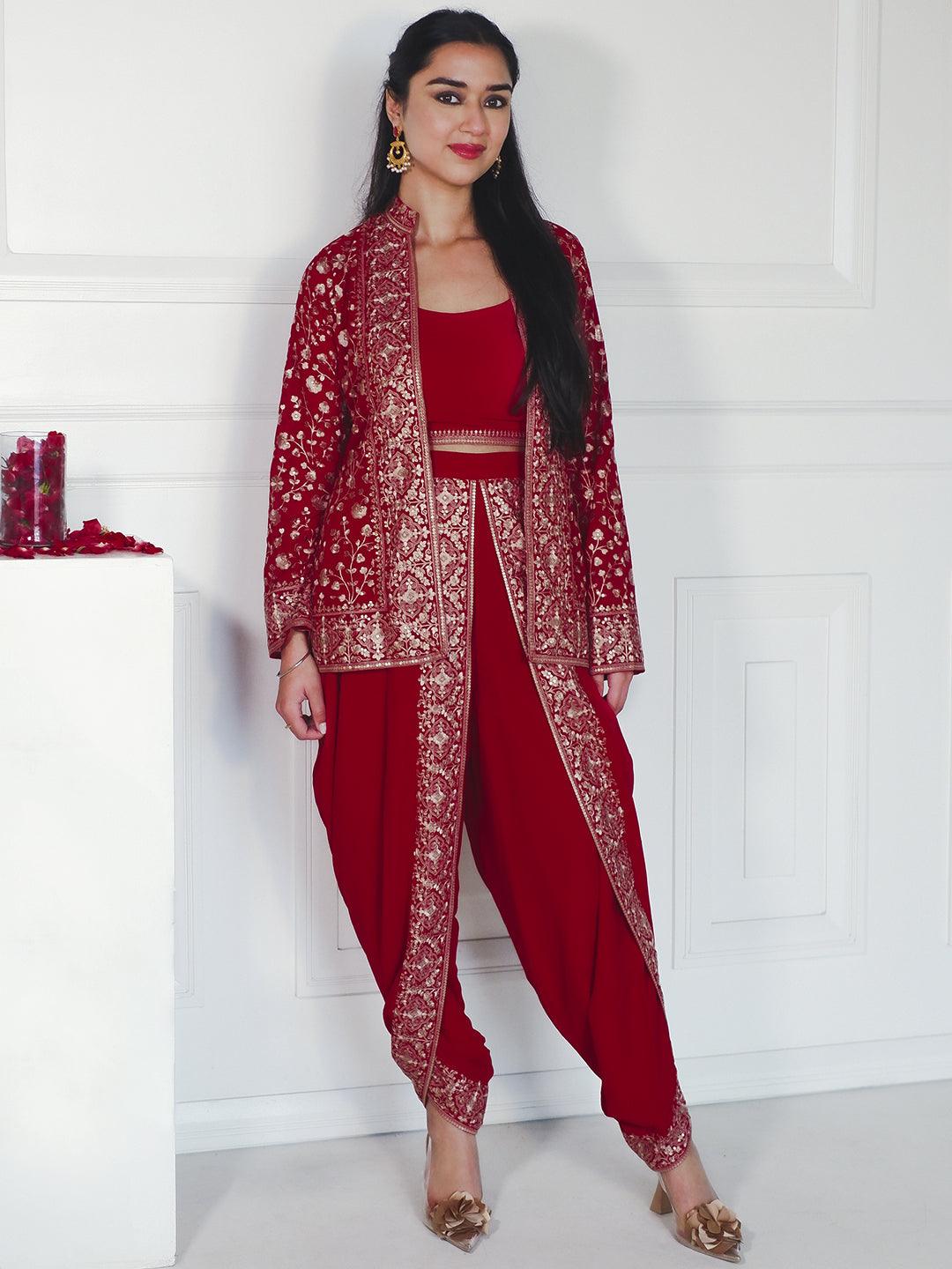 Libas Art Magenta Embellished Georgette Top With Trousers & Jacket - ShopLibas