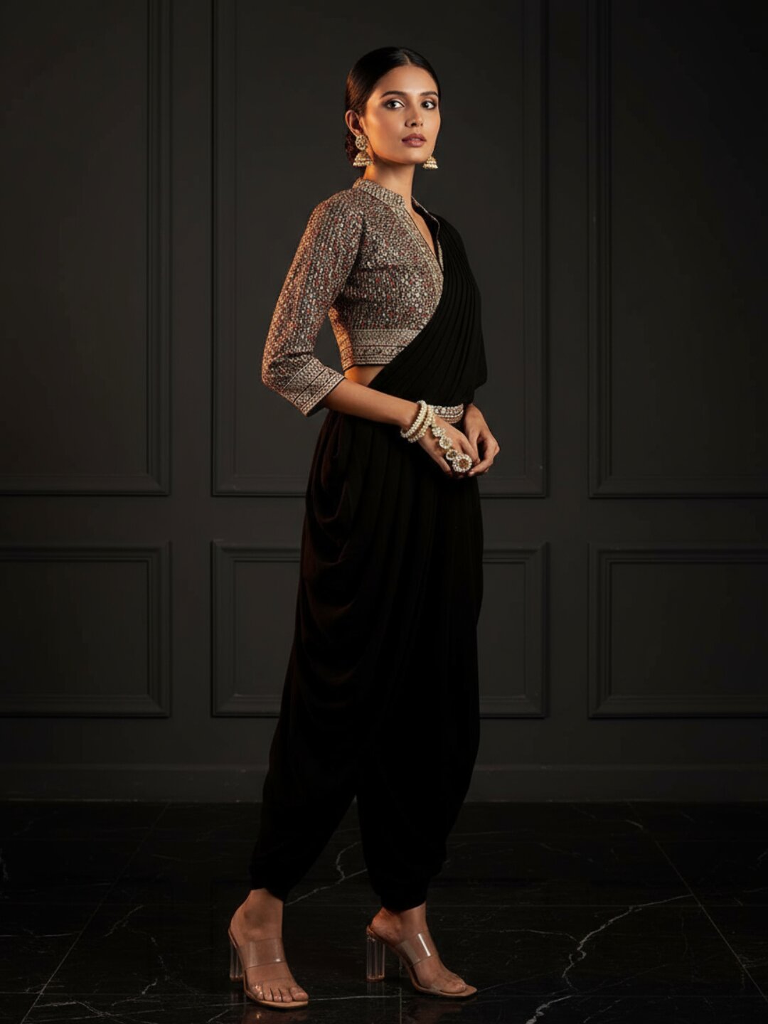 Libas Art Black Embroidered Georgette Dhoti Saree