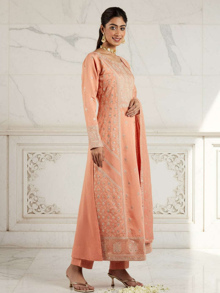 Libas Art Peach Embroidered Silk Blend A-Line Kurta With Trousers & Dupatta