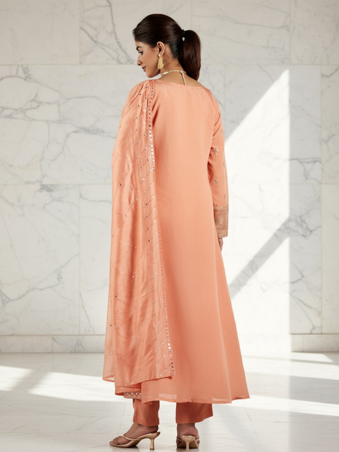 Libas Art Peach Embroidered Silk Blend A-Line Kurta With Trousers & Dupatta