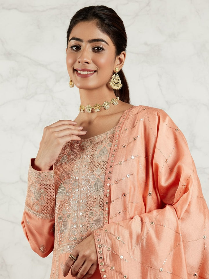 Libas Art Peach Embroidered Silk Blend A-Line Kurta With Trousers & Dupatta