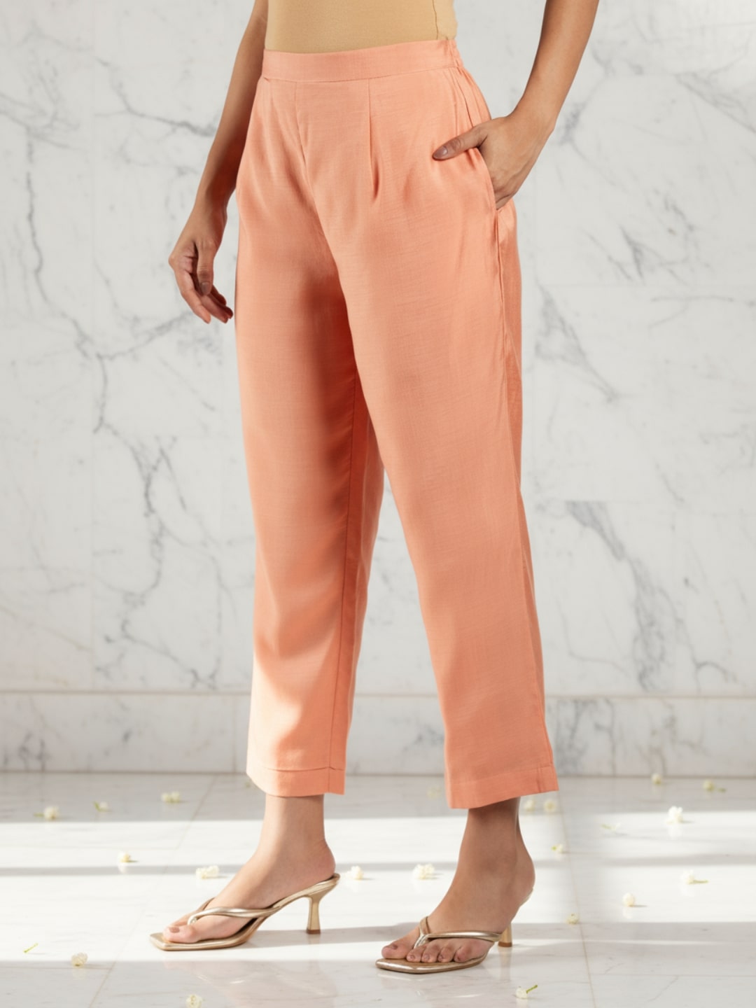Libas Art Peach Embroidered Silk Blend A-Line Kurta With Trousers & Dupatta