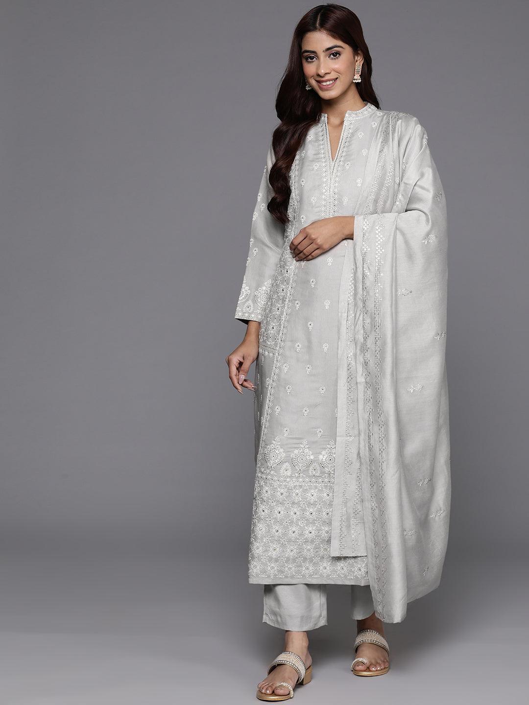 Libas Art Taupe Embroidered Silk Blend A-Line Kurta With Trousers & Dupatta - ShopLibas