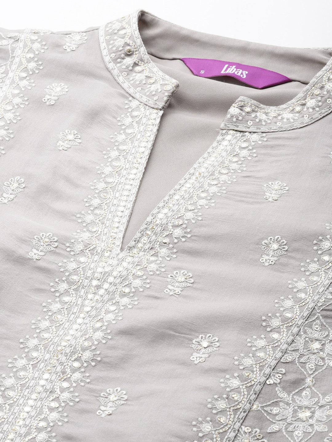 Libas Art Taupe Embroidered Silk Blend A-Line Kurta With Trousers & Dupatta - ShopLibas