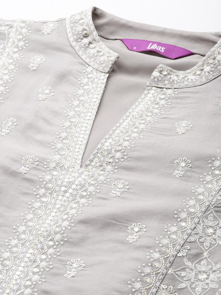 Libas Art Taupe Embroidered Silk Blend A-Line Kurta With Trousers & Dupatta - ShopLibas