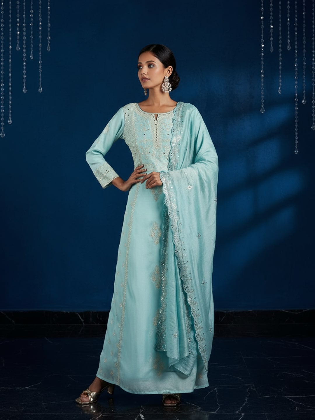 Libas Art Sea Green Embroidered Silk Blend A-Line Kurta With Trousers & Dupatta