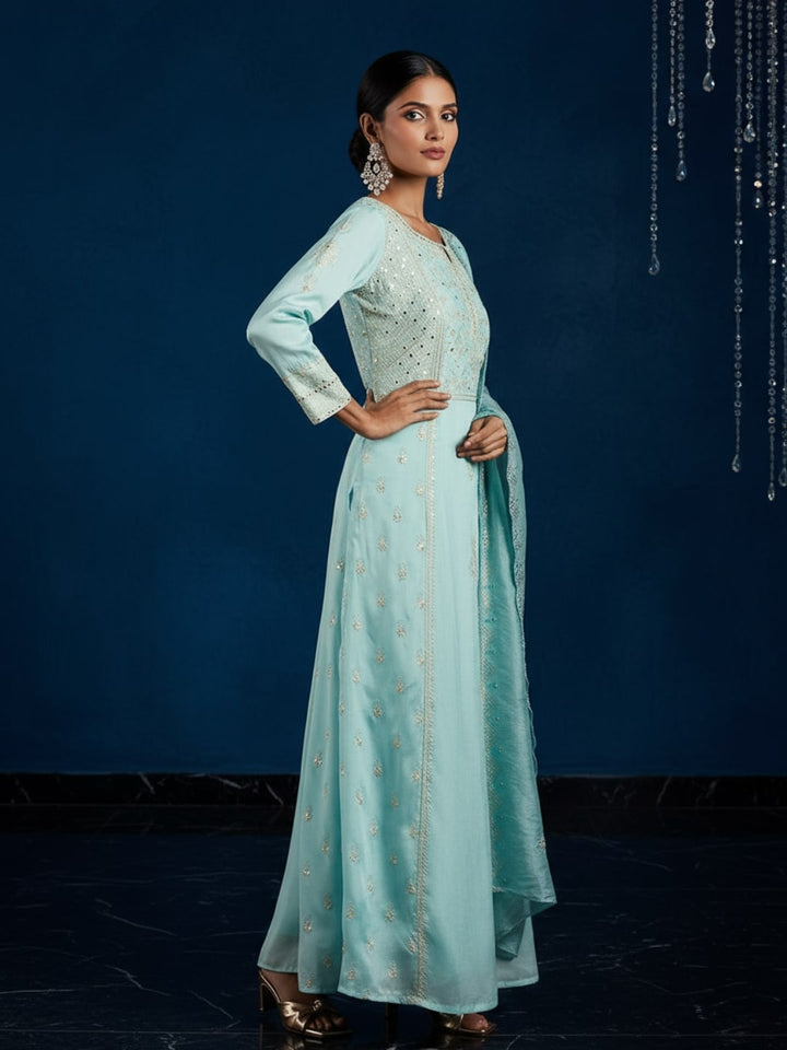 Libas Art Sea Green Embroidered Silk Blend A-Line Kurta With Trousers & Dupatta