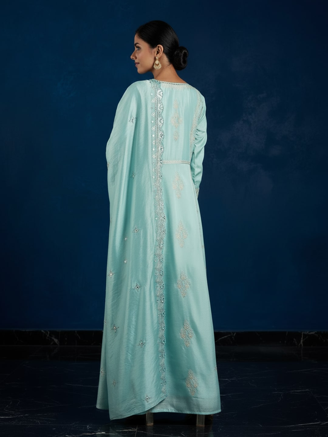 Libas Art Sea Green Embroidered Silk Blend A-Line Kurta With Trousers & Dupatta