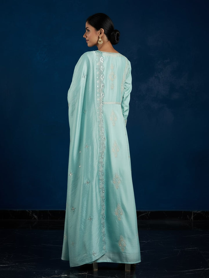 Libas Art Sea Green Embroidered Silk Blend A-Line Kurta With Trousers & Dupatta