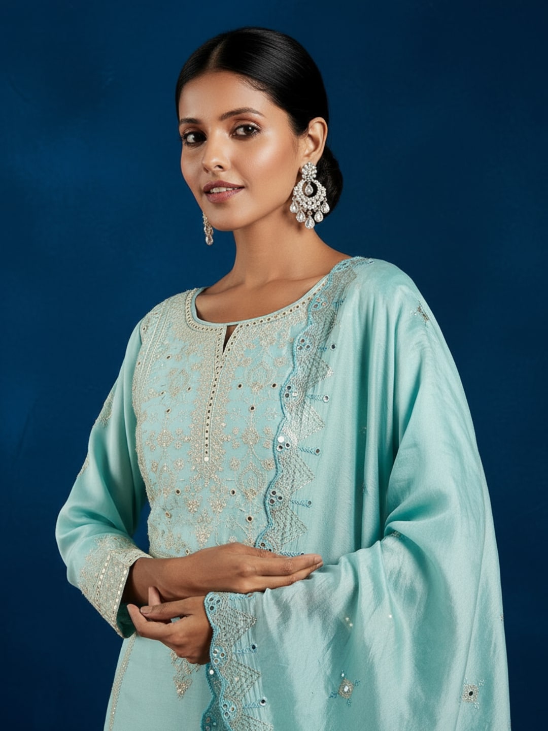 Libas Art Sea Green Embroidered Silk Blend A-Line Kurta With Trousers & Dupatta