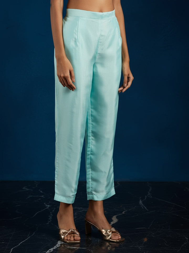 Libas Art Sea Green Embroidered Silk Blend A-Line Kurta With Trousers & Dupatta