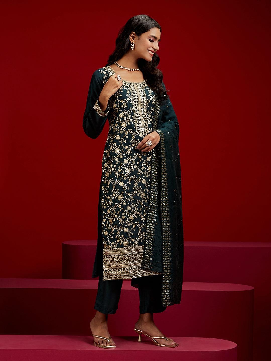 Bottle Green Embroidered Silk Blend Kurta With Trousers & Dupatta - ShopLibas 