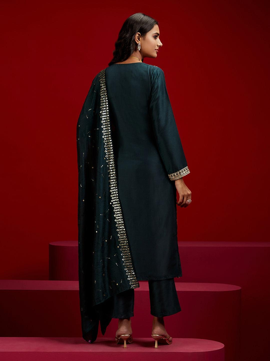 Bottle Green Embroidered Silk Blend Kurta With Trousers & Dupatta - ShopLibas 
