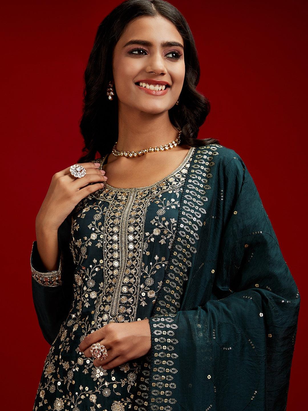 Bottle Green Embroidered Silk Blend Kurta With Trousers & Dupatta - ShopLibas 