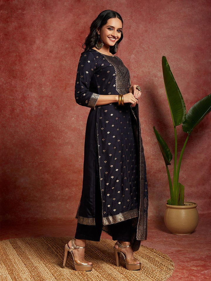 Navy Woven Design Silk Straight Kurta With Trousers & Dupatta - ShopLibas