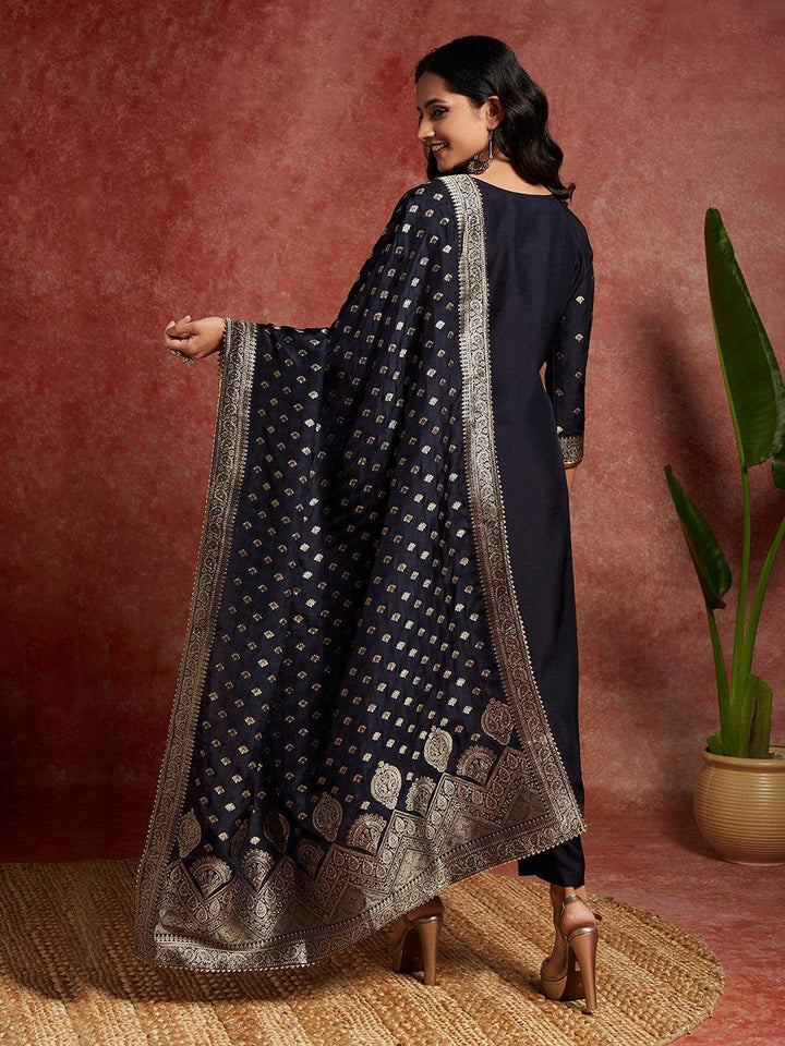 Navy Woven Design Silk Straight Kurta With Trousers & Dupatta - ShopLibas