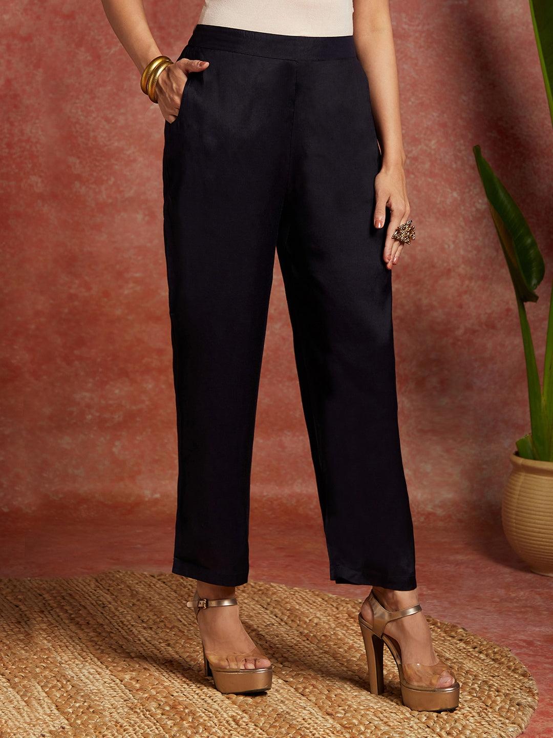 Navy Woven Design Silk Straight Kurta With Trousers & Dupatta - ShopLibas