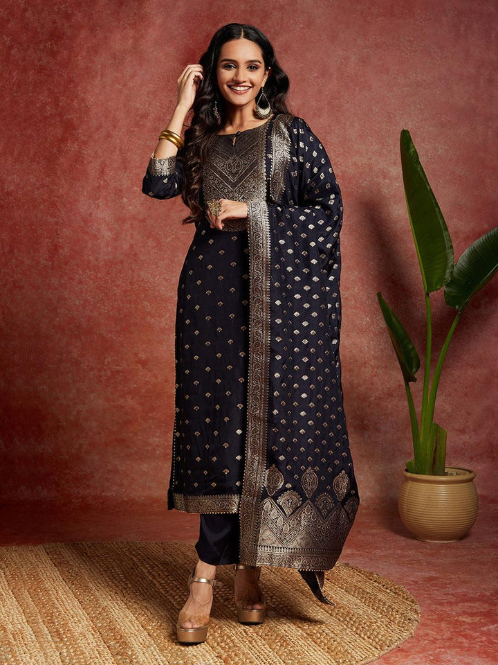 Navy Woven Design Silk Straight Kurta With Trousers & Dupatta - ShopLibas