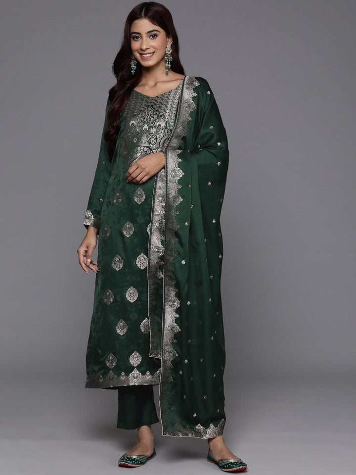 Libas Art Green Embroidered Silk Straight Kurta With Trousers & Dupatta - ShopLibas