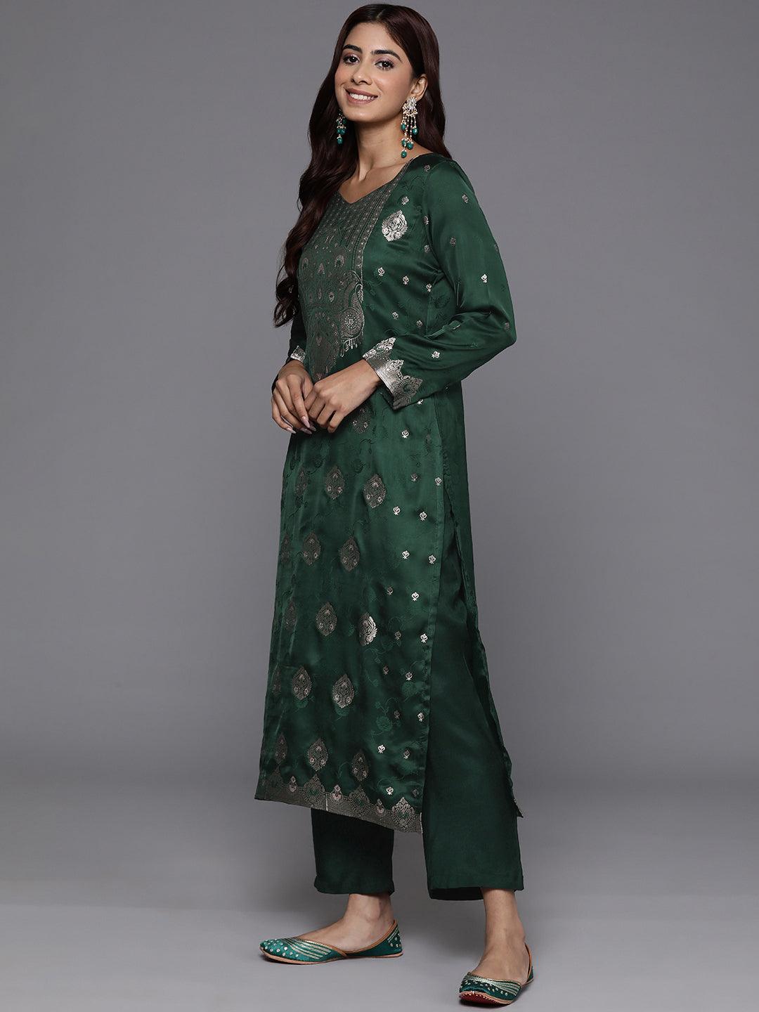 Libas Art Green Embroidered Silk Straight Kurta With Trousers & Dupatta - ShopLibas