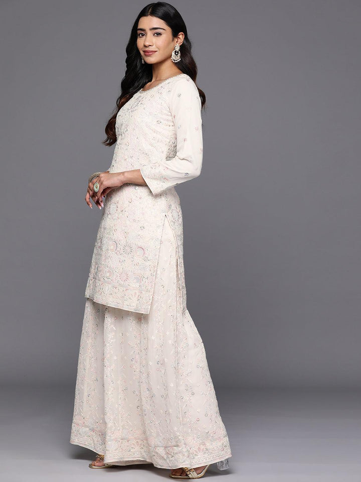 Libas Art Cream Embroidered Georgette Straight Kurta With Palazzos & Dupatta - ShopLibas