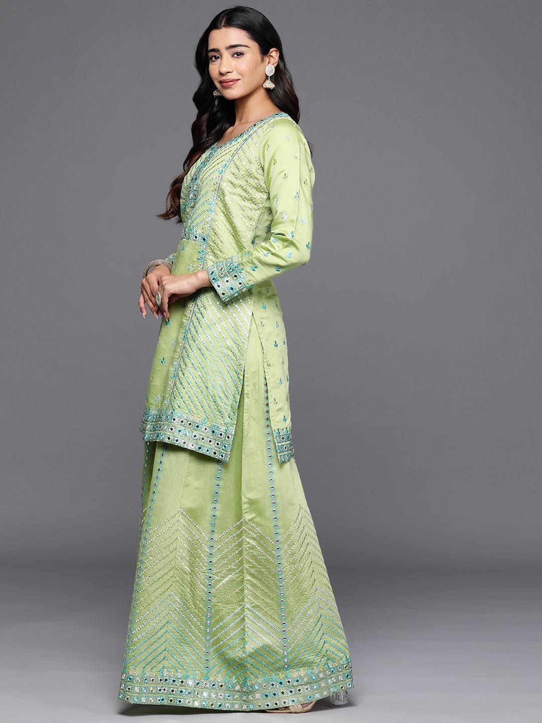 Libas Art Green Embroidered Silk Blend Straight Kurta With Palazzos & Dupatta - ShopLibas