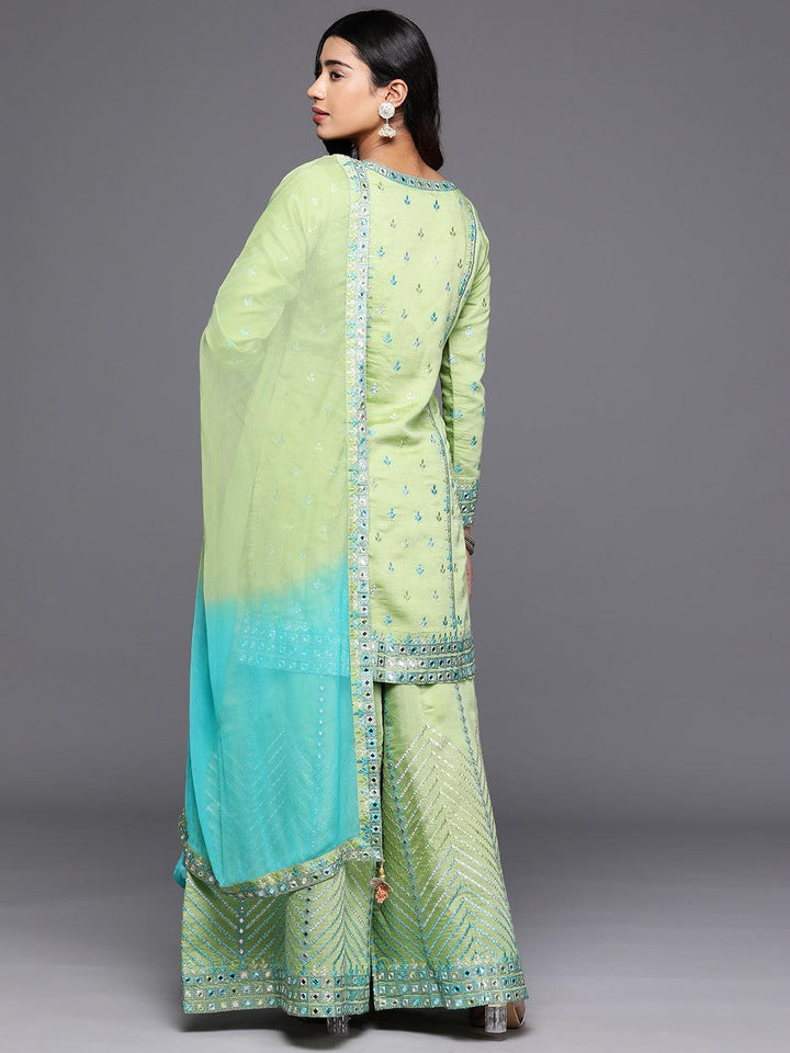 Libas Art Green Embroidered Silk Blend Straight Kurta With Palazzos & Dupatta - ShopLibas
