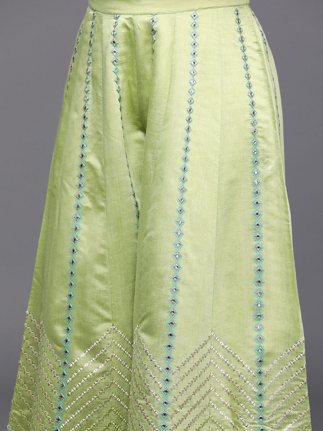 Libas Art Green Embroidered Silk Blend Straight Kurta With Palazzos & Dupatta - ShopLibas