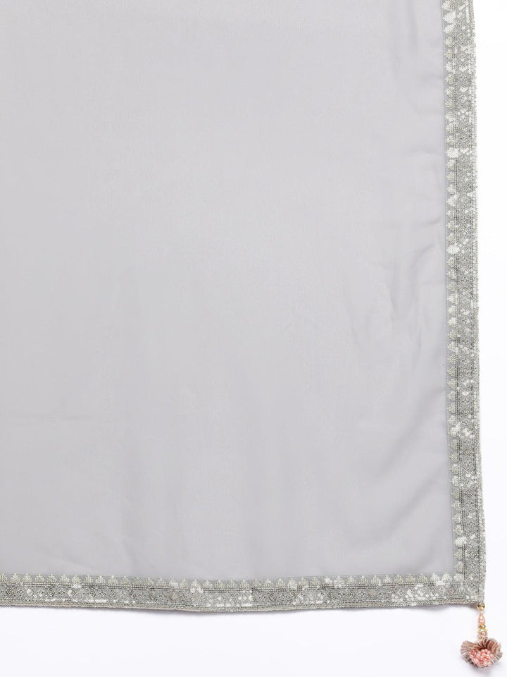 Libas Art Grey Embroidered Georgette Anarkali Kurta With Trousers & Dupatta - ShopLibas
