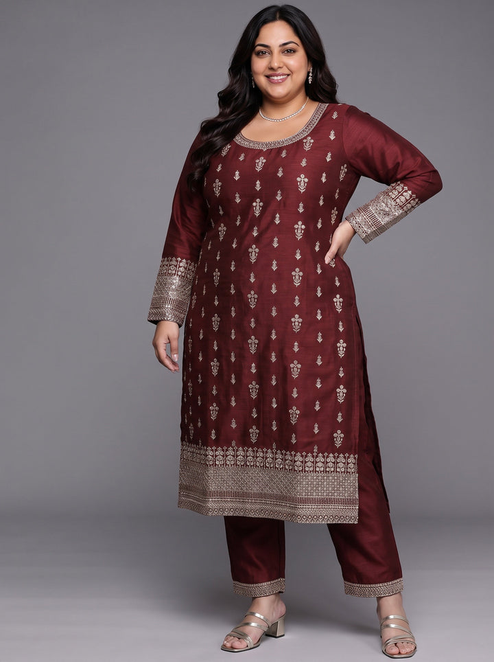 Plus Size Maroon Embroidered Silk Blend Pakistani Suit