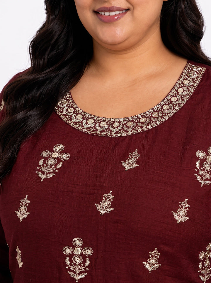Plus Size Maroon Embroidered Silk Blend Pakistani Suit