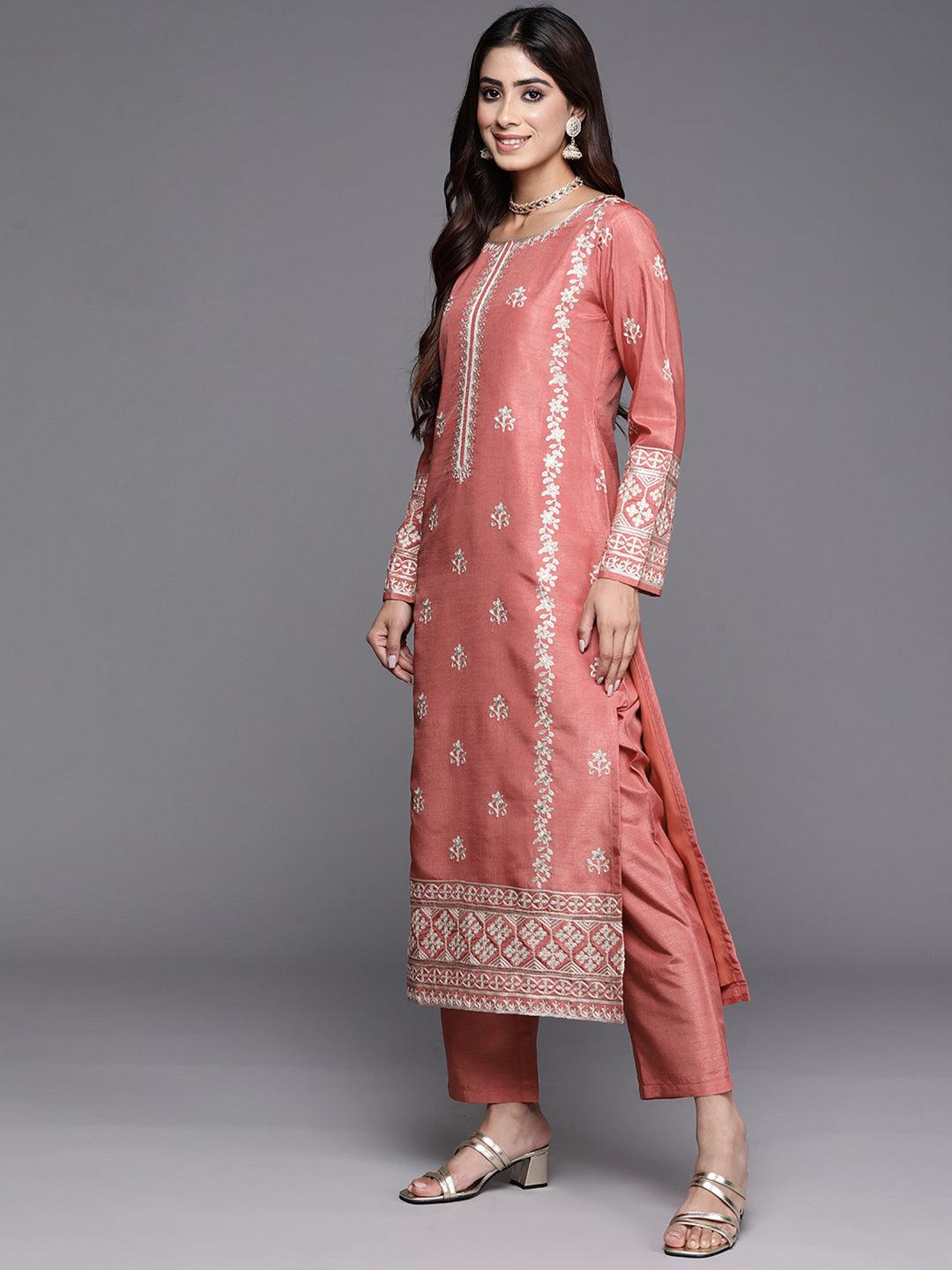 Coral Embroidered Silk Blend Straight Kurta With Trousers & Dupatta - ShopLibas 