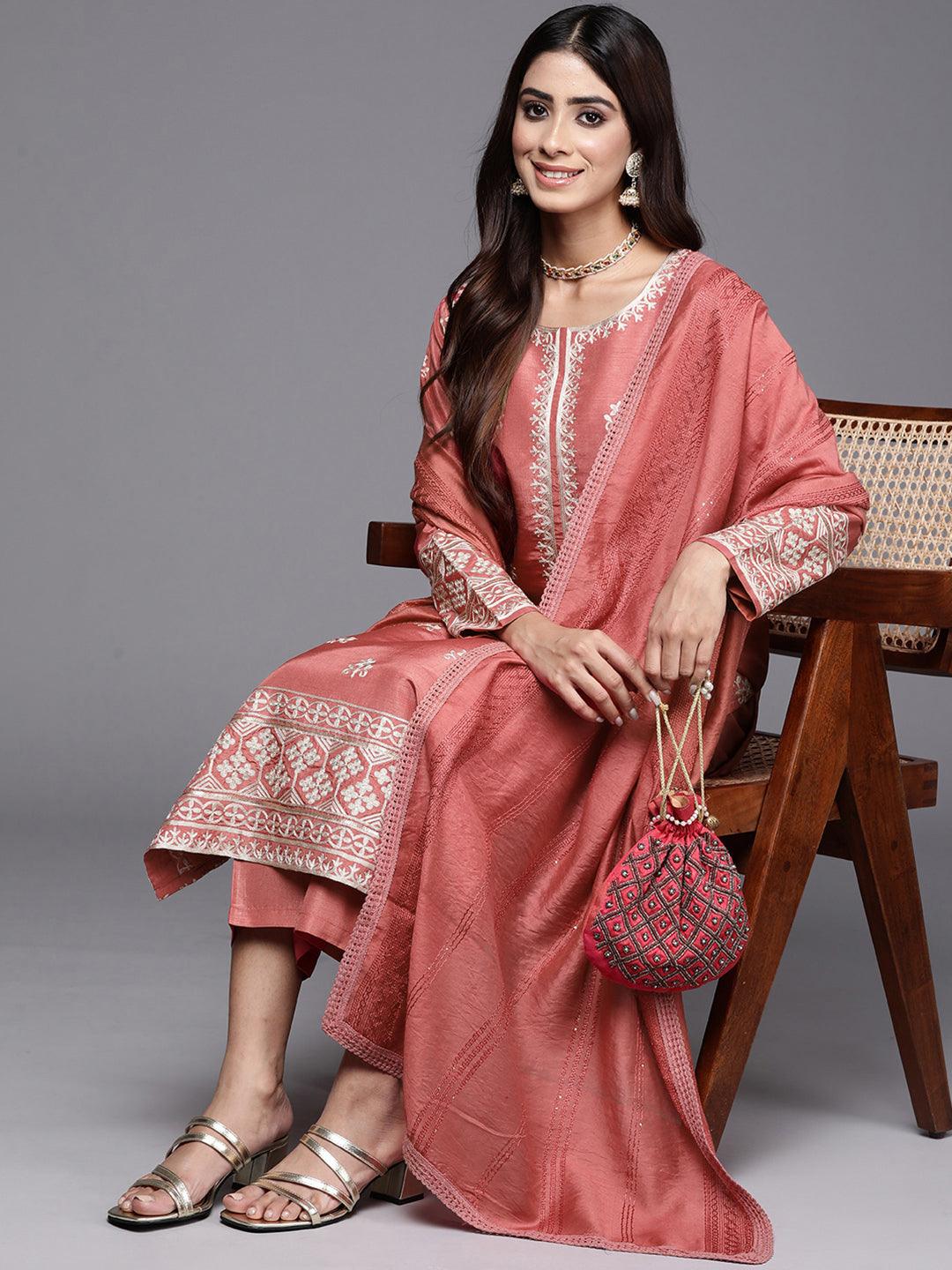 Coral Embroidered Silk Blend Straight Kurta With Trousers & Dupatta - ShopLibas 