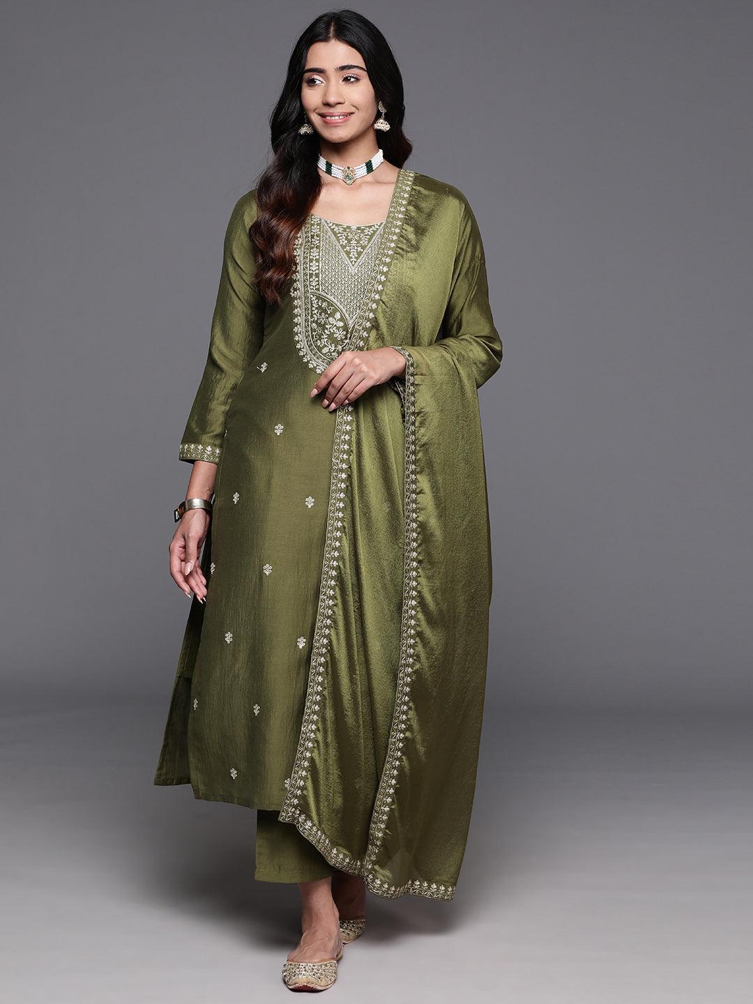 Olive Yoke Design Silk Blend Straight Kurta With Trousers & Dupatta - ShopLibas 