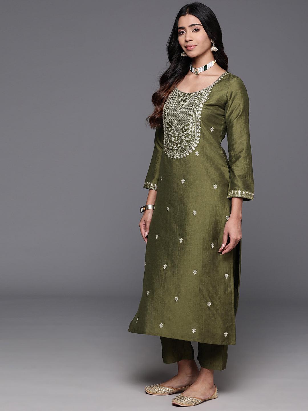 Olive Yoke Design Silk Blend Straight Kurta With Trousers & Dupatta - ShopLibas 