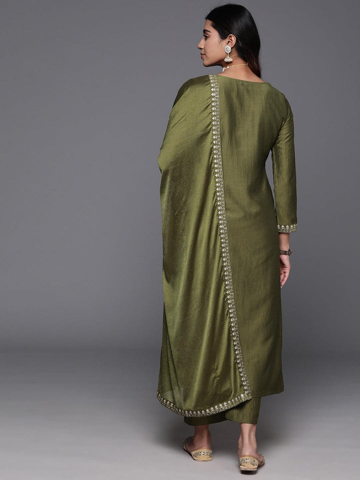 Olive Yoke Design Silk Blend Straight Suit With Dupatta