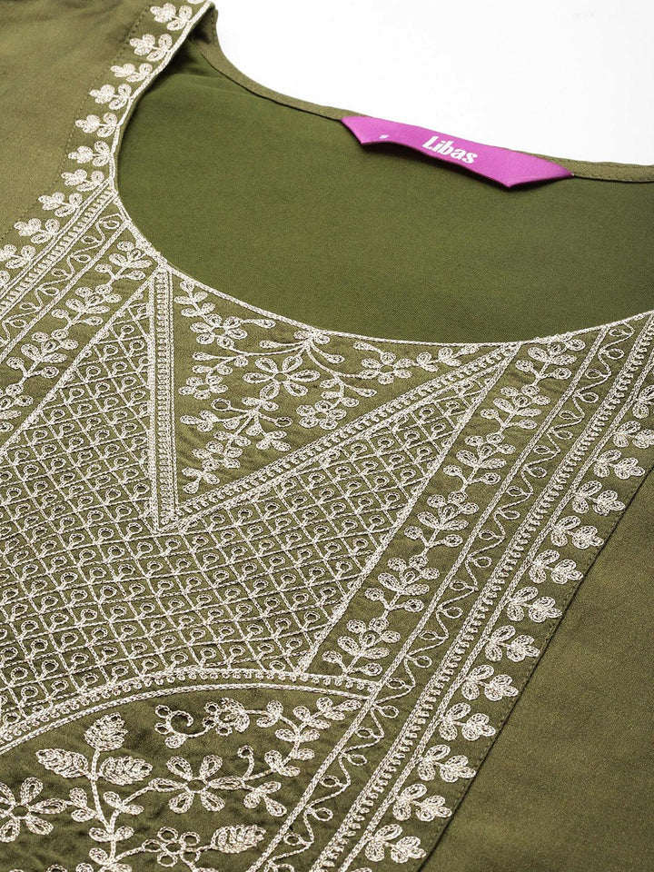Olive Yoke Design Silk Blend Straight Suit With Dupatta