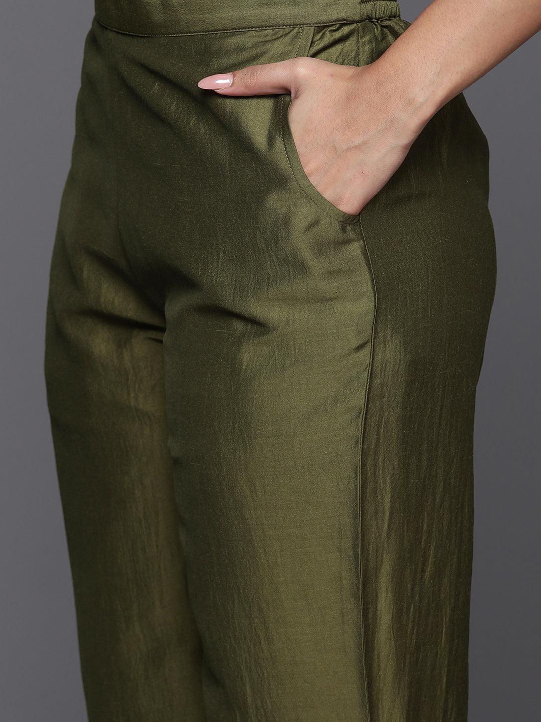 Olive Yoke Design Silk Blend Straight Kurta With Trousers & Dupatta - ShopLibas 